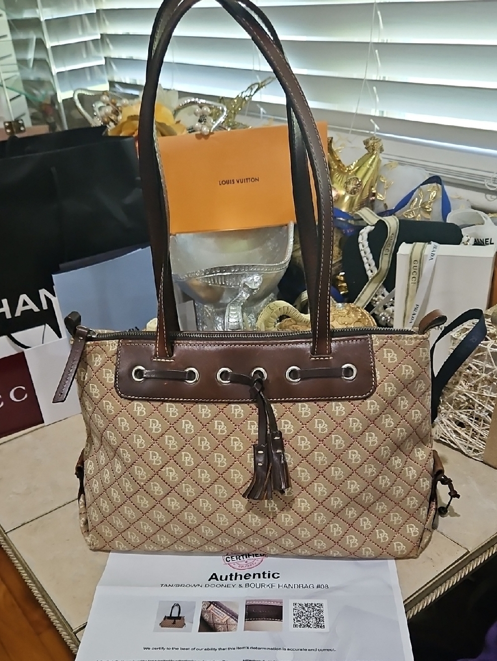 Dooney & Bourke Tan Brown Monogram Shoulder Bag with Tassel GUC w/ COA!